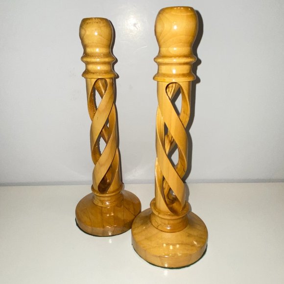 Olive Wood Pair of Candle Holders Twisted Hallow Hand Carved Spiral - Picture 2 of 6